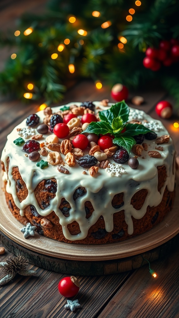 A traditional Christmas cake with dried fruits and nuts, decorated with icing and holly, on a wooden table with festive lights.